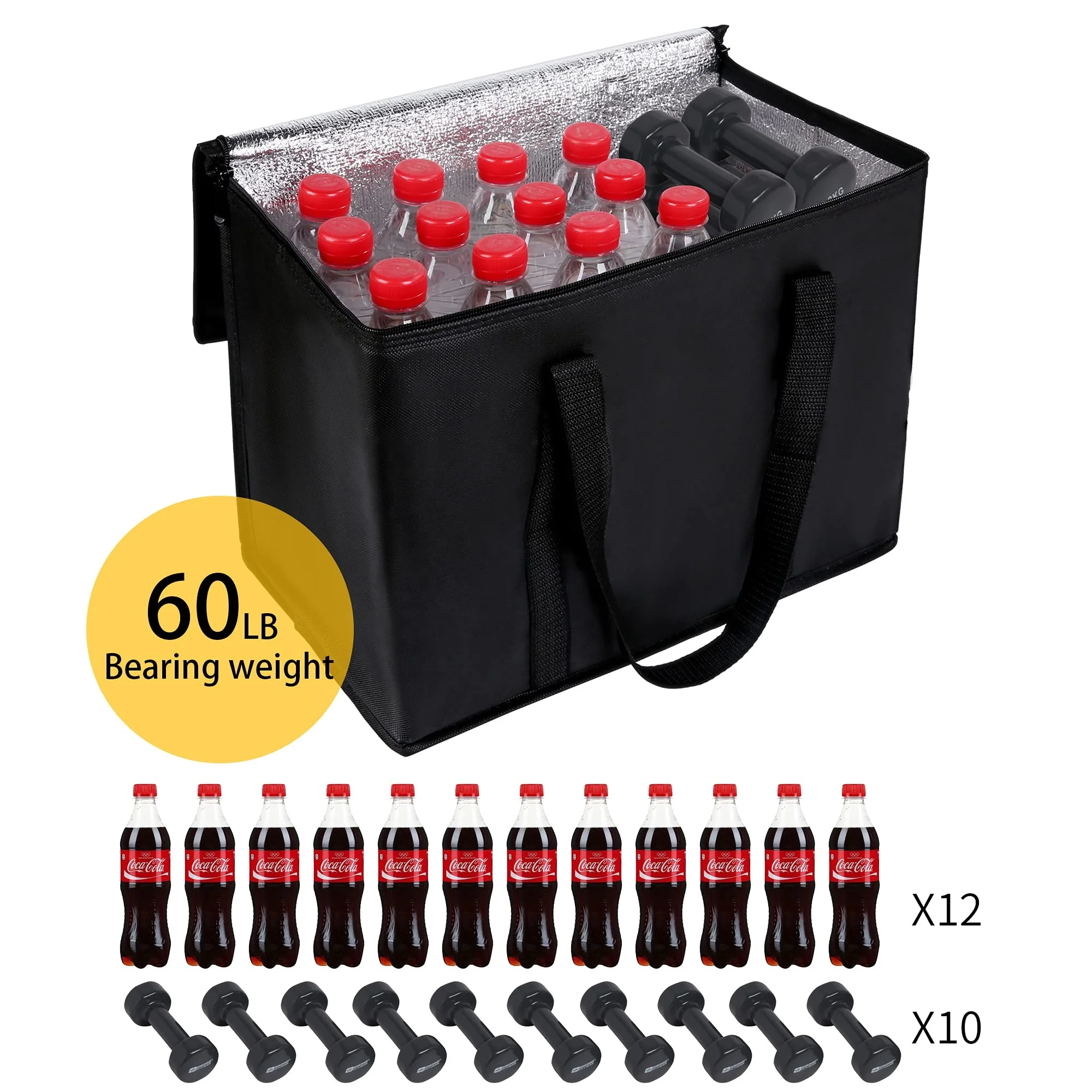 Hot Sale Aluminum Foil Waterproof Heavy Duty Additional Bottom Plate Black Big Insulated Food Delivery Bag With Sturdy Zipper