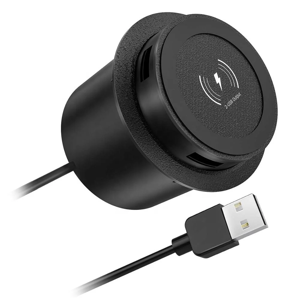 Best Selling Desktop Embedded Wireless Charger For Furniture Use With Extra 2 Retractable USB-A Output Charging Ports