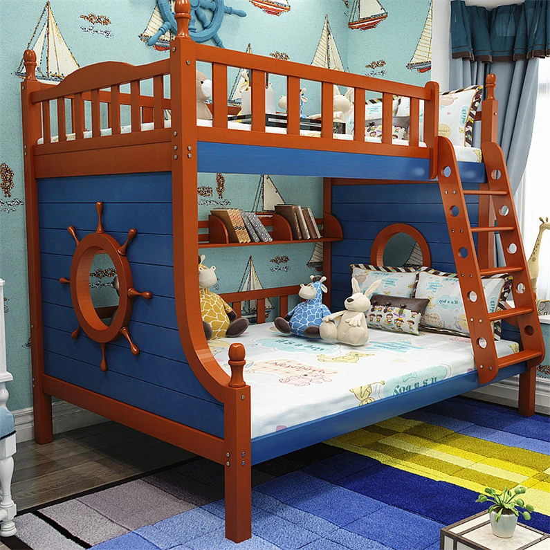 Cheap Prices Solid Wood Children Furniture Bunk Bed with Ladder and Bookshelf