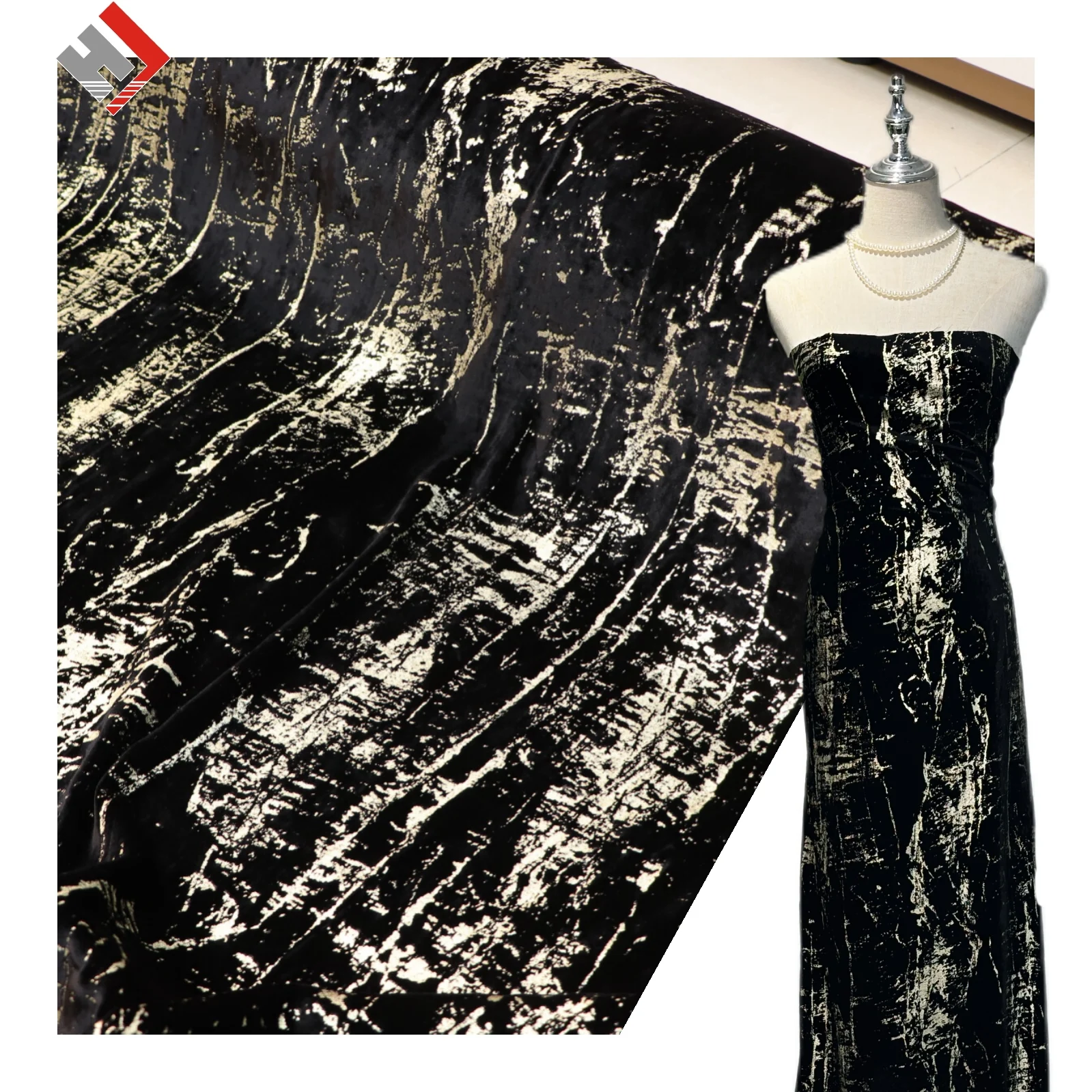 2024 Fashionable  printing nylon rayon Woven silver foil printed flower velvet mesh printing gold fabric for dress