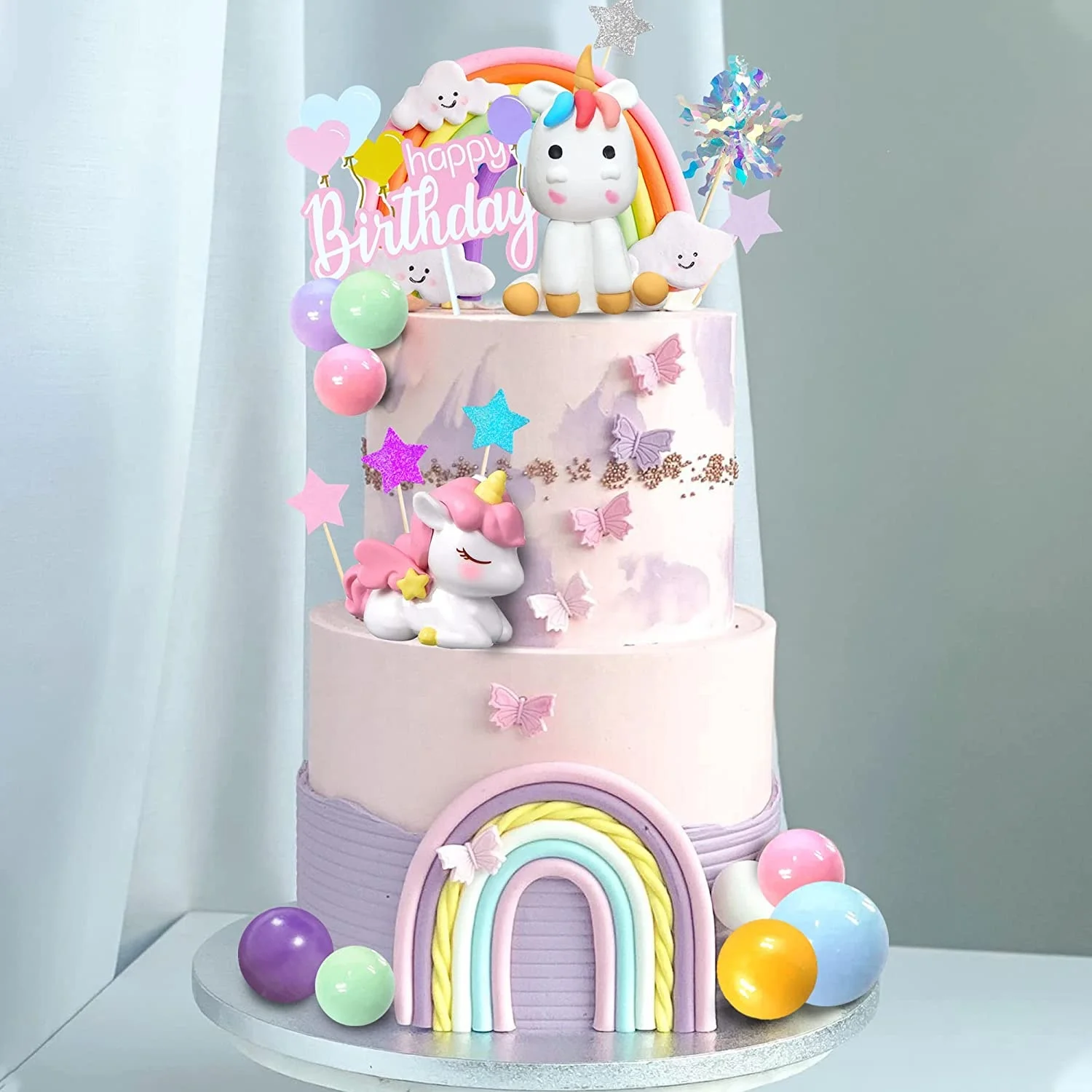 Kids Rainbow Cake Decorations with Rainbow Stars Unicorn Foil Firework Balls Happy Birthday Cake Decorations for Boys and Girls