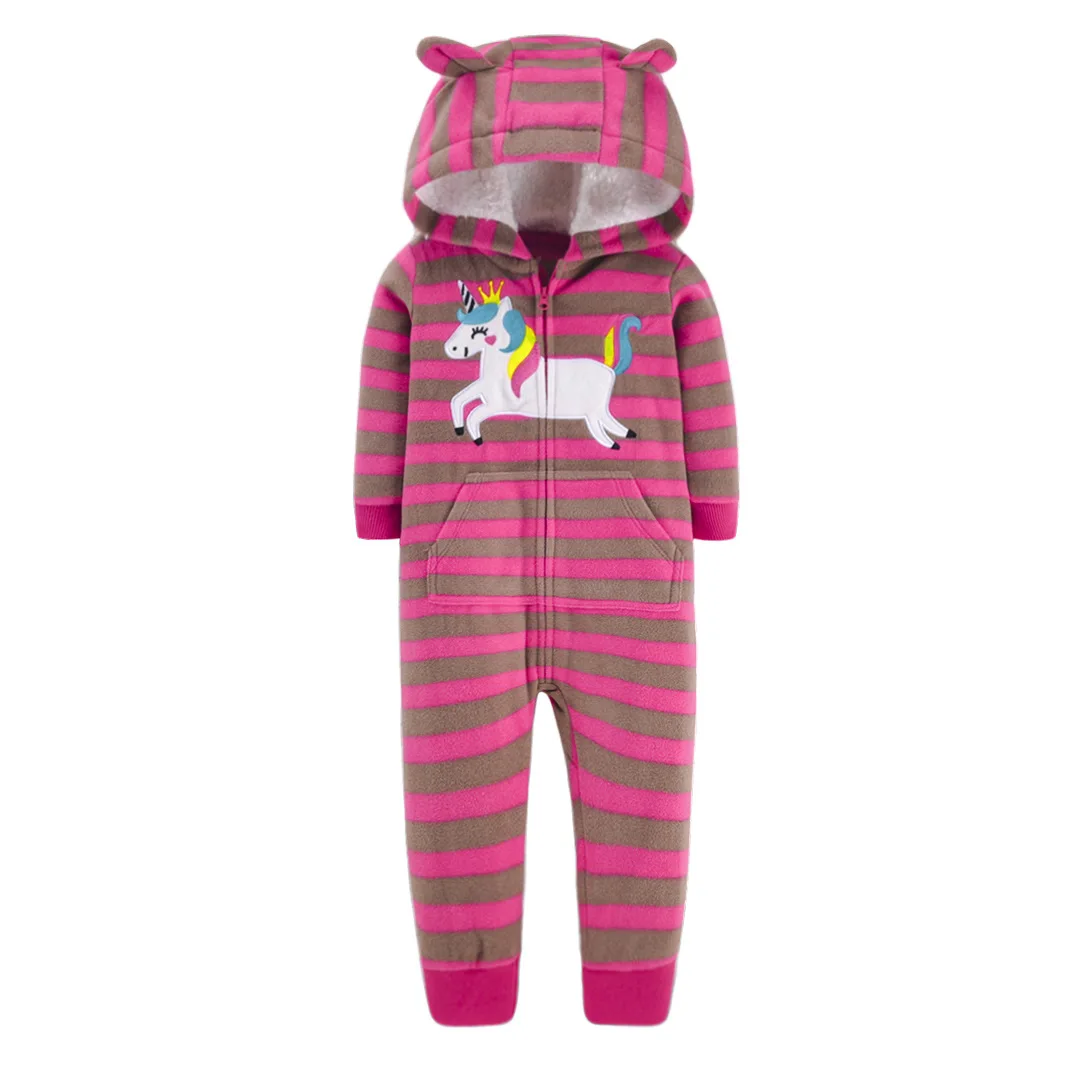 New arrival winter baby clothes polar embossed fleece fabric baby pajamas jumpsuit with hoodies