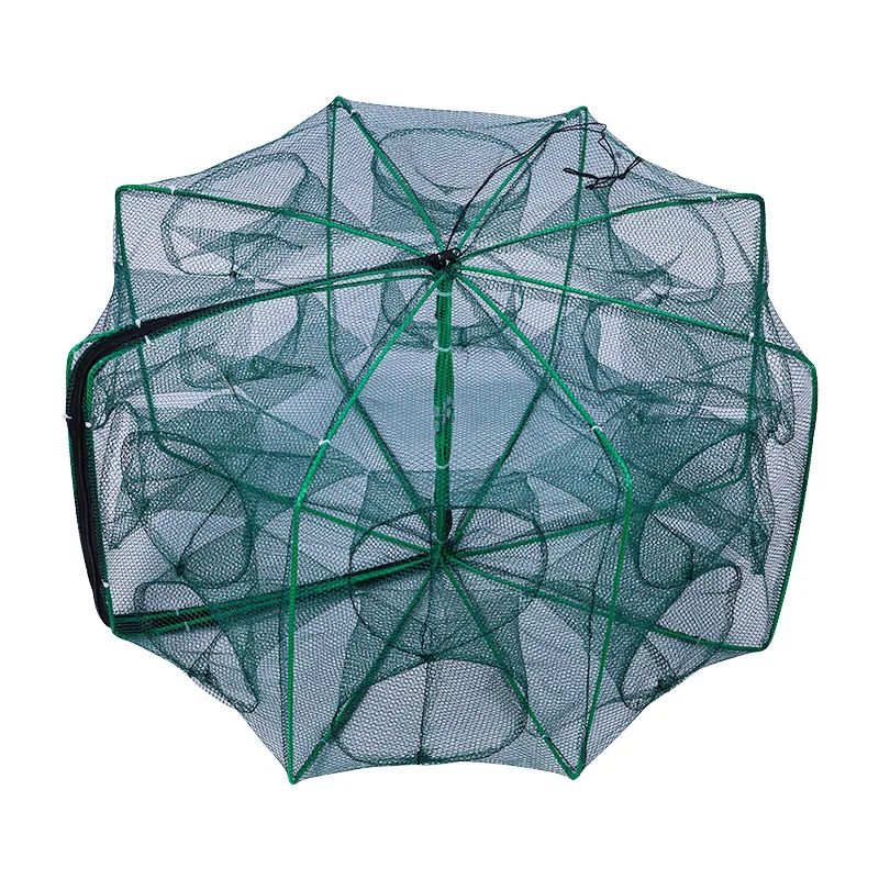 Folding Fishing Trap Net Shrimp Cages for Fishing Cages Wholesale 6-20 Hole Nylon PE Stainless Steel Wire Green Monofilament