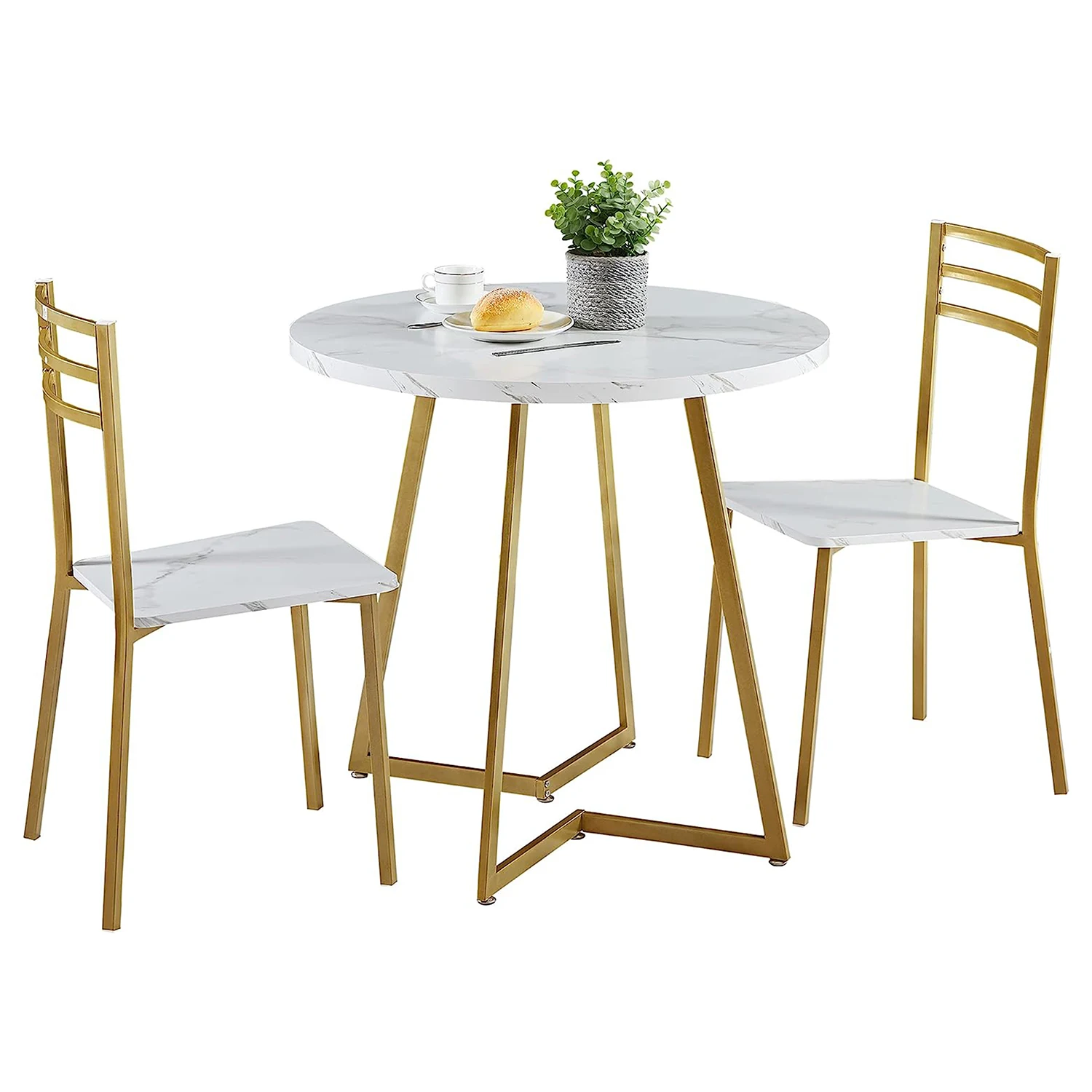 3pcs Kitchen Furniture Set Modern Faux Marble Round Dining Table with 2 Upholstered Chairs for Small Space