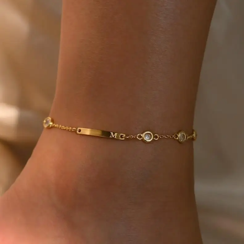Stainless Steel Zircon Anklets Bracelet 18K Gold Plated Engravable Blank Bar Ankle Chain Foot Jewelry Anklet