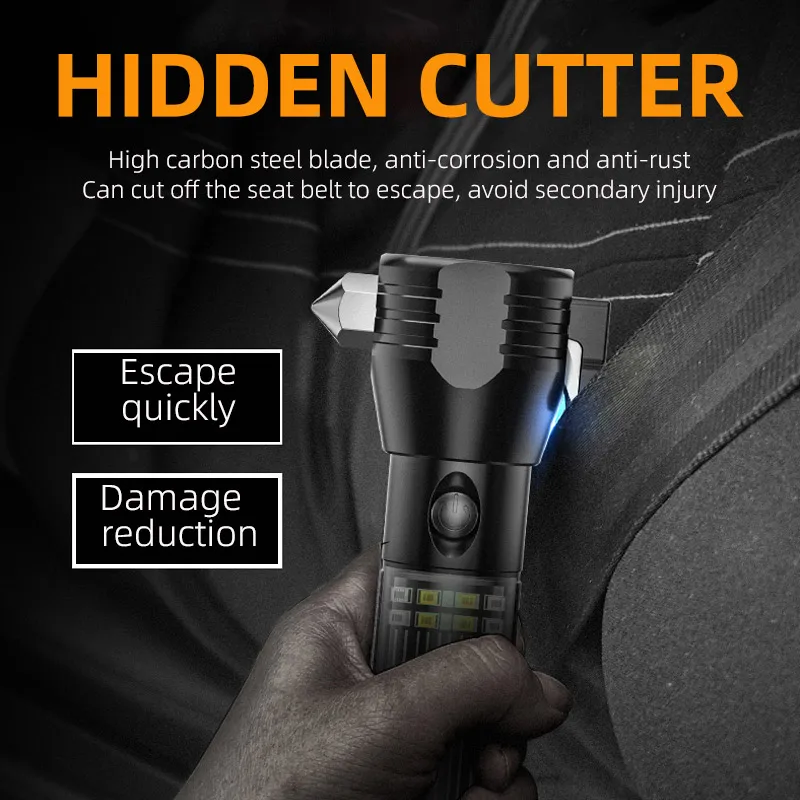 Latest Super Bright Car Safety Hammer LED + COB Side Light Type-C and Solar Charge Compass Flashlight Torch Light with Siren