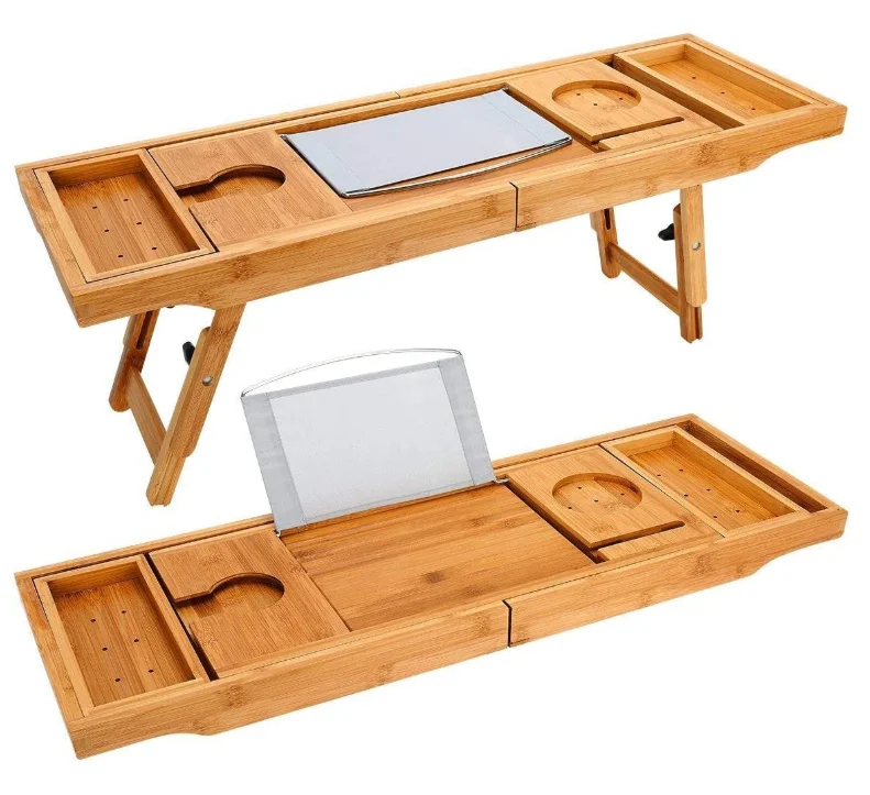 
Bamboo Bathtub Caddy Tray Laptop Desk with Foldable Legs Bathtub Caddy with Extending Sides 