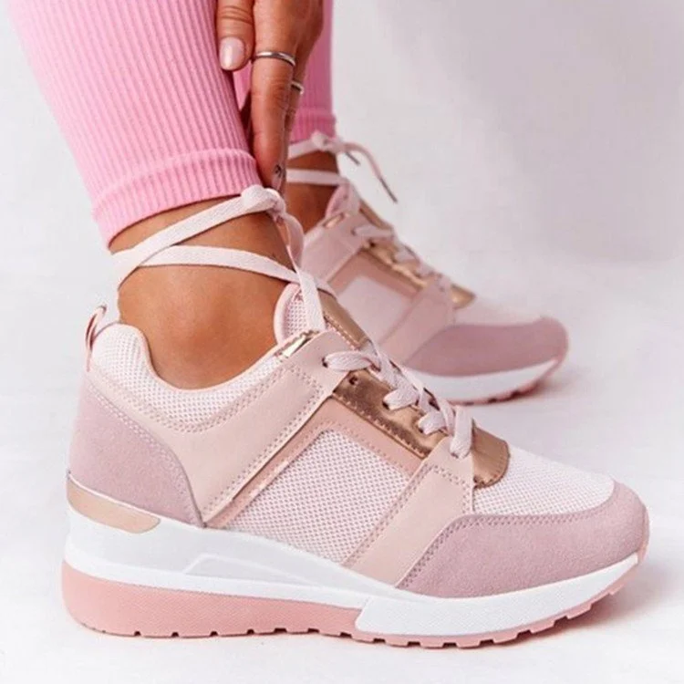 Sexy Mature Height Increasing Thick Sole Pink Wedges Patchwork Breathable Mesh Lady Relax Leisure Shoes Lace Up Platform Sneaker