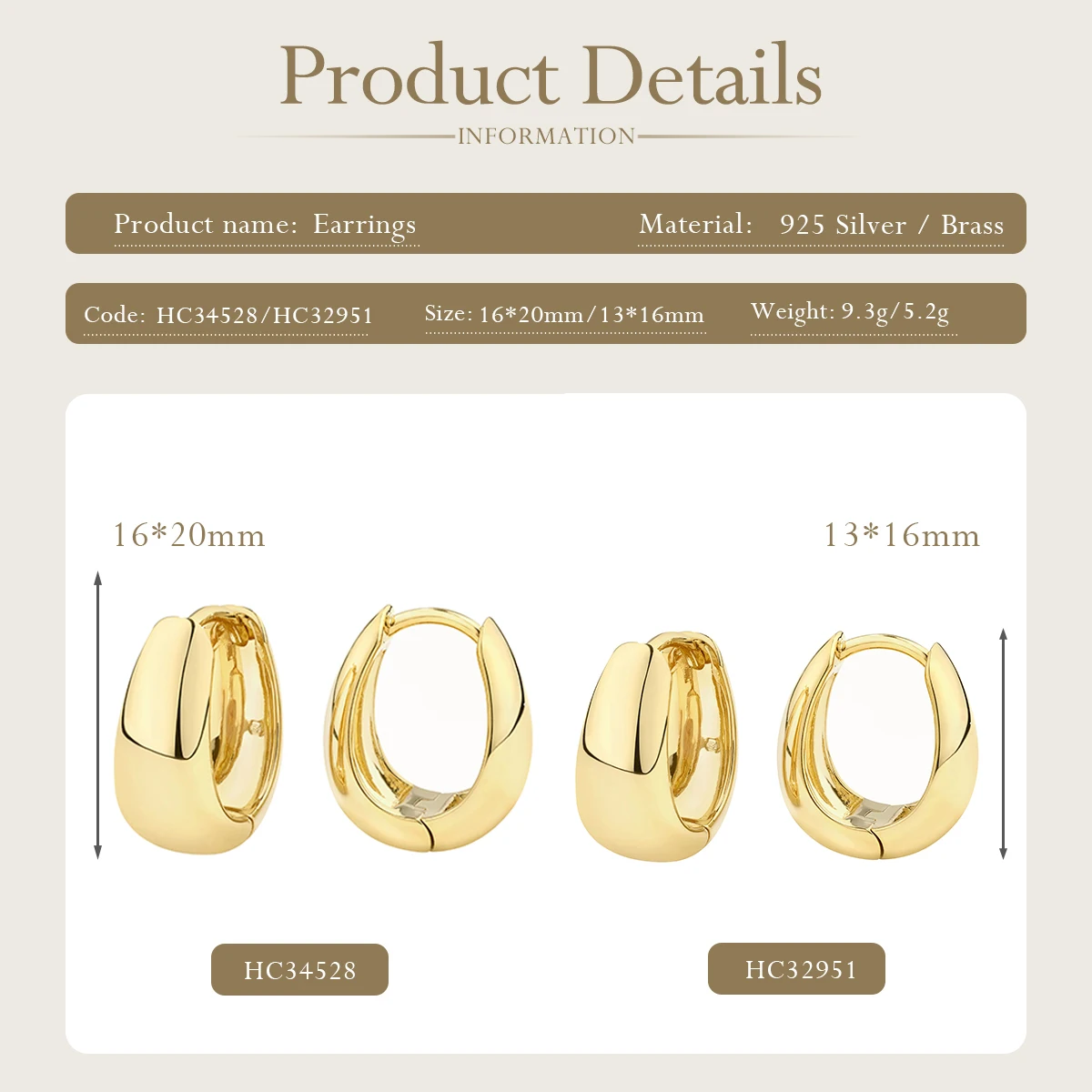 925 Sterling Silver 14K Vermeil Gold Plated Jewelry Women Chunky  Hoop Huggie Earrings For Jewellery Wholesaler