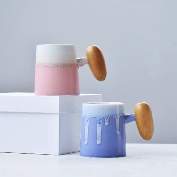 Wholesale Japanese style natural flowing glaze and simple fresh ceramic water mug with log handle