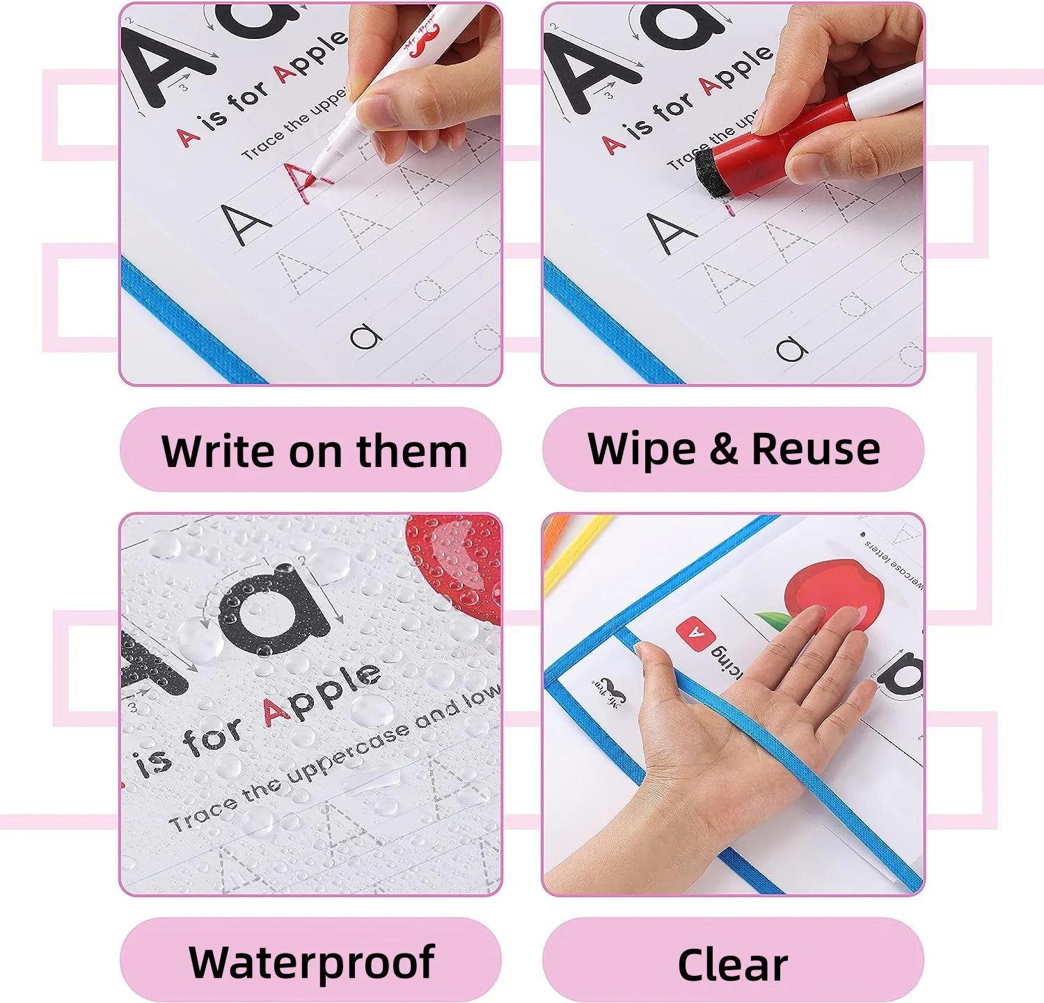 Custom Clear Plastic Reusable Sleeves School Teacher Supplies Dry Erase Pockets for Kids