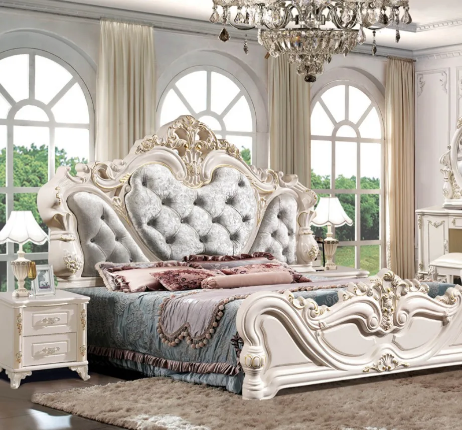 modern european solid wood bed Fashion Carved 1.8 m bed french bedroom furniture HC8801