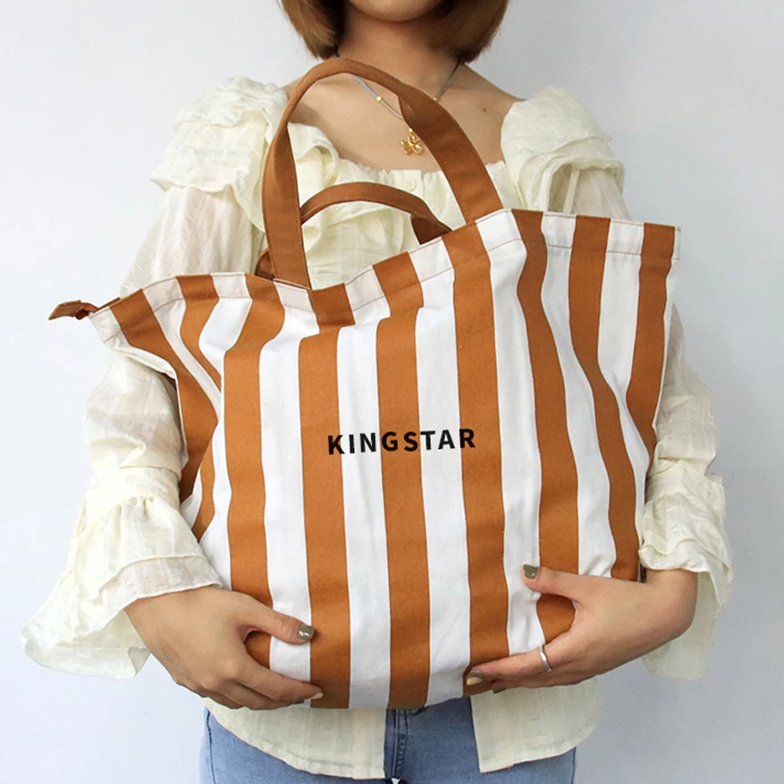 Canvas Shoulder Tote Bag Yellow and White Stripes Large-capacity Student Korean Lifestyle Shopping Tote Shoulder Bag