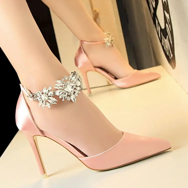 Rhinestone High Heels Women Pumps Silk Pointed Toe Wedding Shoes Women Buckle Strap Crystal Party Shoes Women