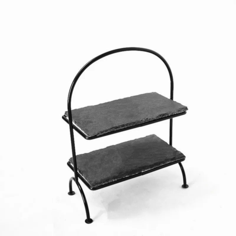 Food Grade Cheap China Factory Direct Manufacturer 2 layer Wrought Iron Art Frame  Black Natural Slate Plate Board