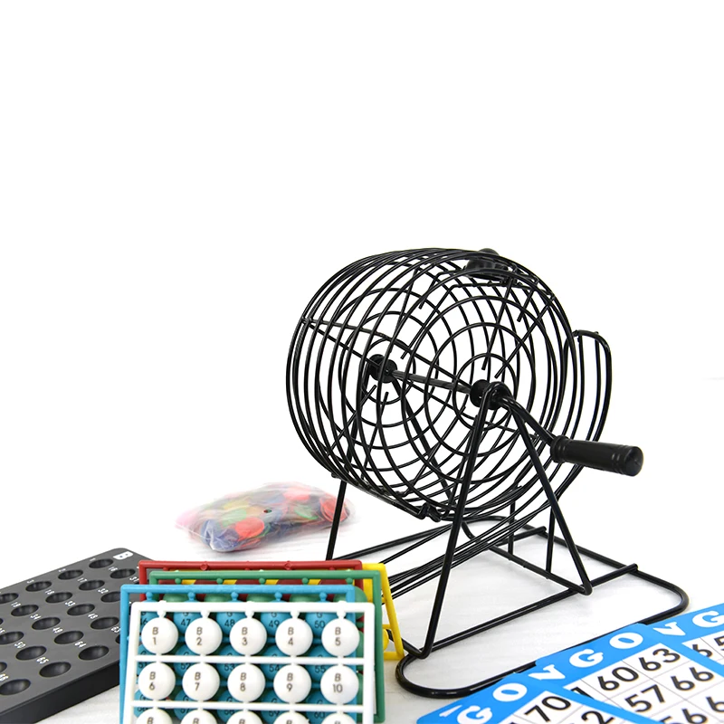 Deluxe Bingo Game Set with 6 Inch metal Cage plastic scoreboard 75 Colored Balls a Bag 18 Cards and 300 Color Mix Chips