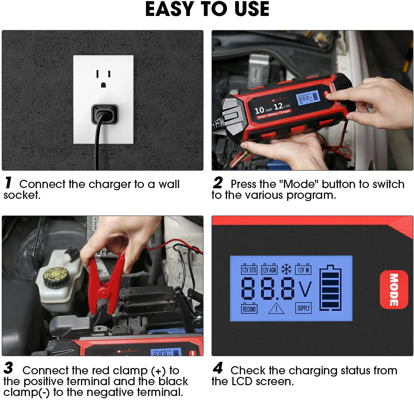 Hot sale LiFePO lead acid battery charger 12V 10A repair battery waterproof intelligent protection car portable battery charger