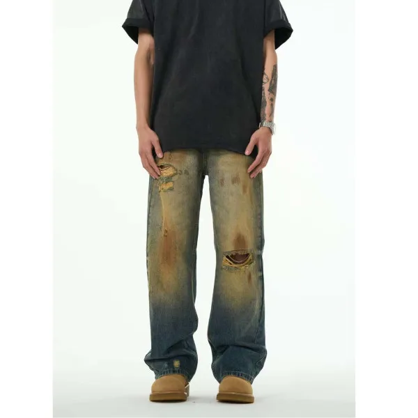 RTS Men Heavy Process Stone Washing Dye Discoloration Jeans Men Ripped Hole Straight Jeans Pants Men Loose Denim Casual Jeans