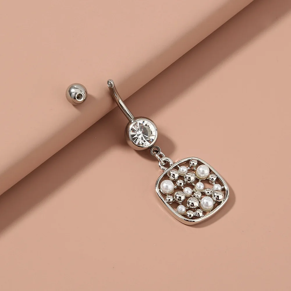 European Style Geometric Body Piercing Jewelry Pearl Belly Ring Stainless Steel Zircon Navel