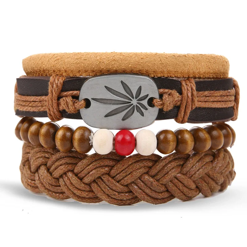 Wholesale Tribal Wood Beads Ethnic Adjustable Woven Cuff Wrap Braided Real Leather Bracelets for Men