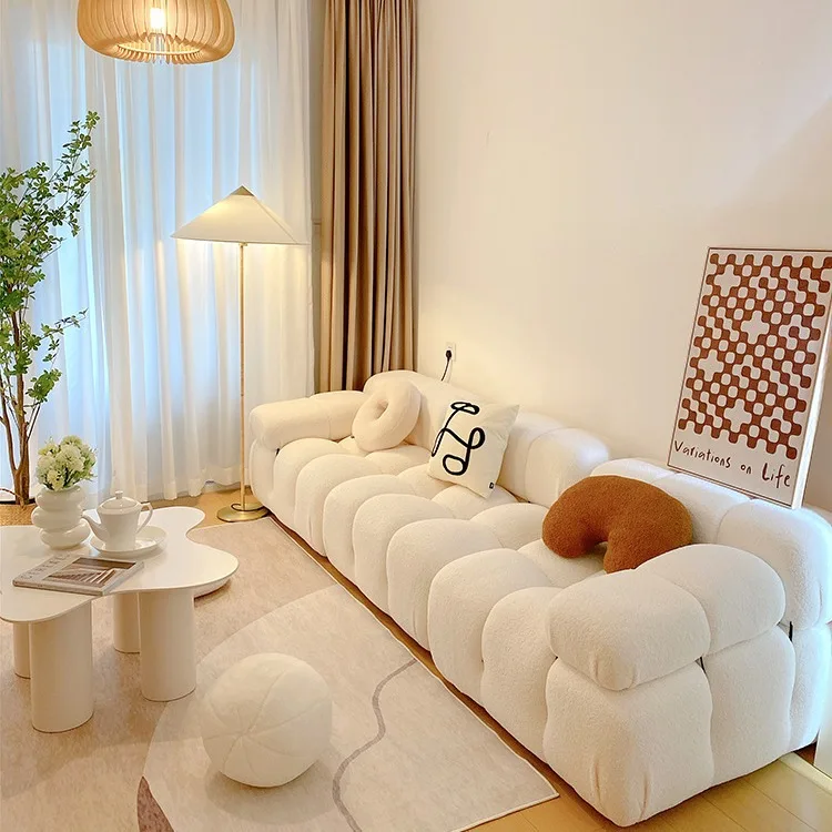 Minimalism French Small family Lamb velvet sofa square module sofa combination minimalist white living room sofa