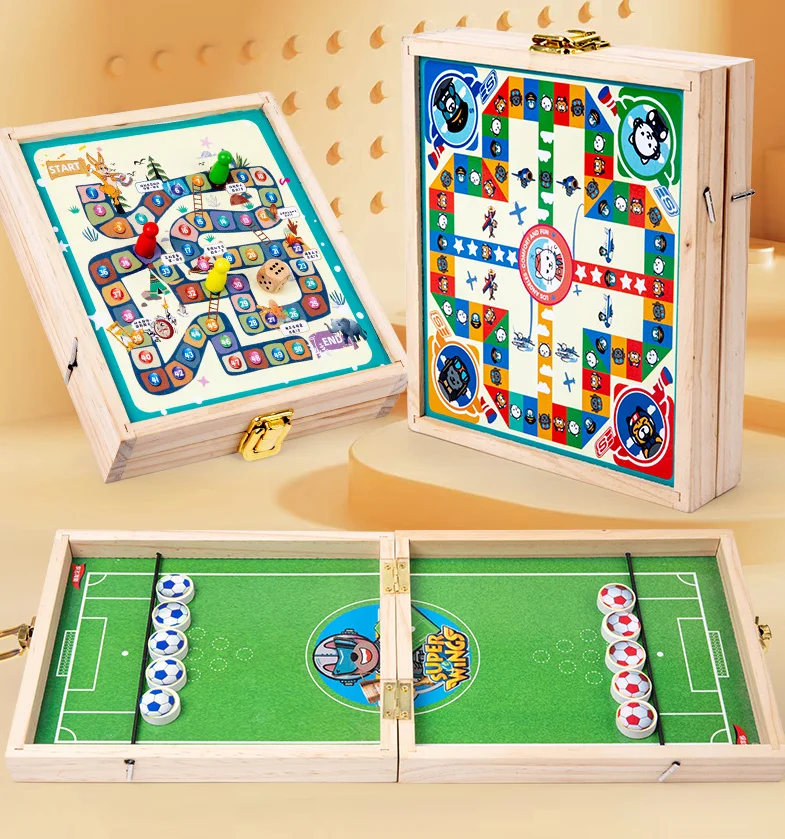 Wholesale 4 in 1 easy folding wooden football and bowling and puck and throwing tabletop board game for children and kids