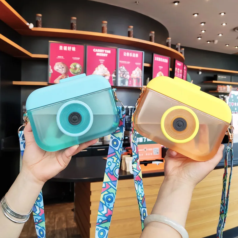 New children kids plastic drinking milk straw cups outdoor travel sports portable camera water bottle with strap for kids school