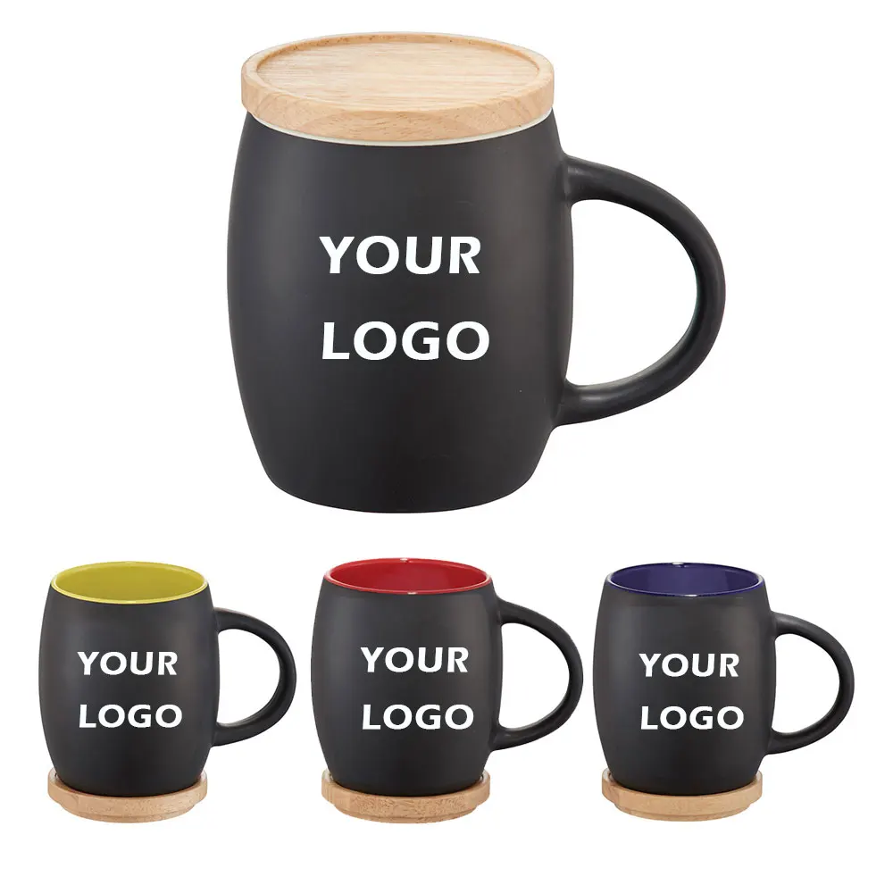 Top Seller Custom Inner Color Outside Black Drum Mug Ceramic Coffee Mug With Wooden lid
