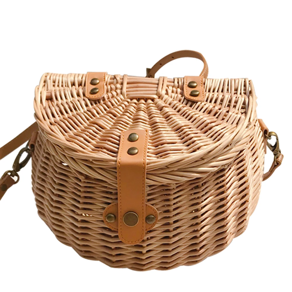 Natural wicker weaving before the car fixed handle high capacity Ms Bicycle Accessories Bicycle basket Wicker basket with lid (1600251477523)