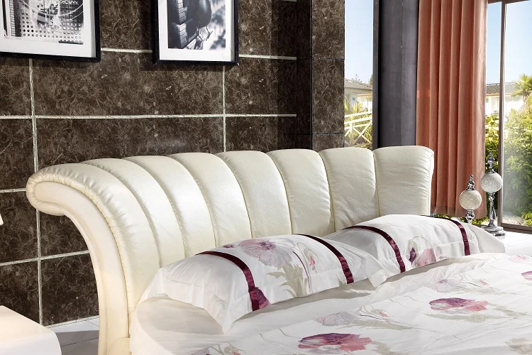 Smart leather round bed big size white bed  leather bed furniture bedroom
