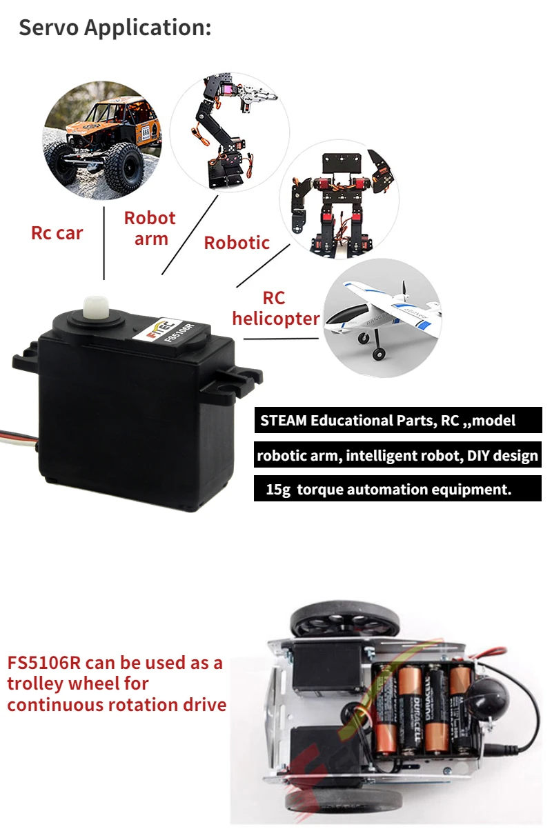 Аналоговый сервопривод 6V 6Kg FS5106R с шарикоподшипниками бессердечный двигатель Серводвигатель 360 градусов 0105 сек для привода мото-сервопривода