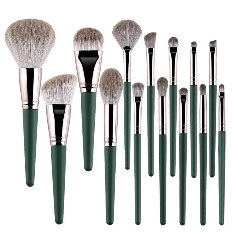 Low MOQ Professional Wholesale Vegan Cruelty Free Private Label Custom 14pcs Green makeup brush set