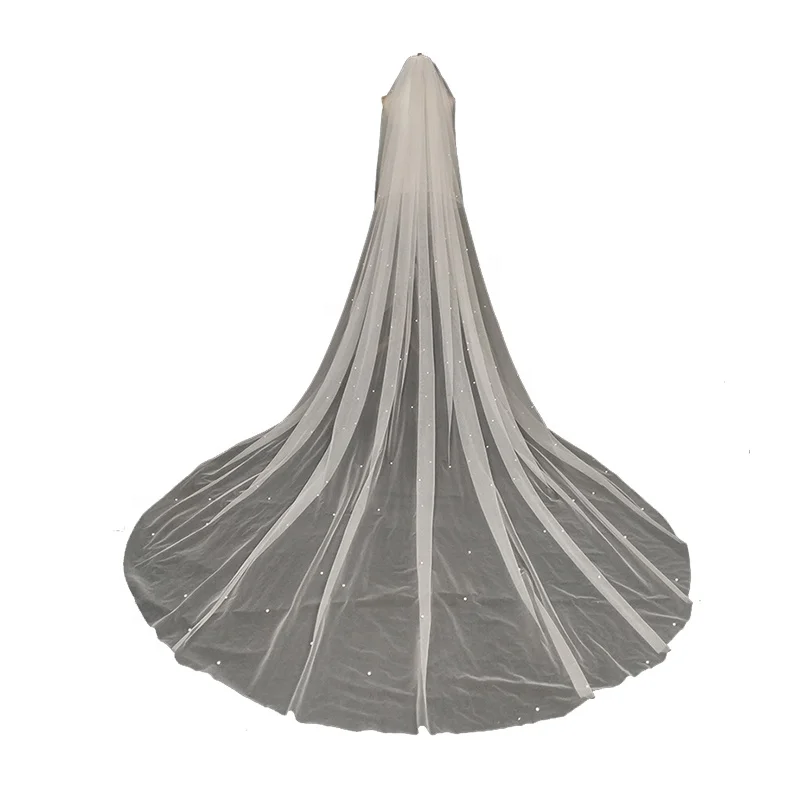 
With wholesale price 4m * 3m large tail bride veil simple mechanical beaded wedding dress veil Cathedral 