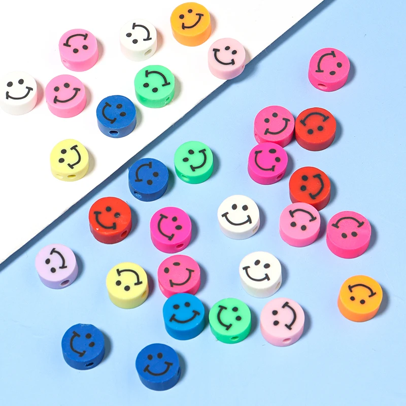 50pcs/bag Flat Round Smiley Face Beads Polymer Clay Beads Loose Spacer Beads for DIY Jewelry Making