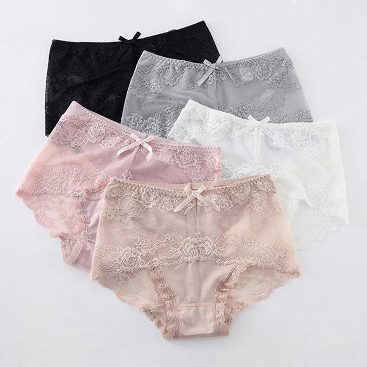 Ladies Hollow Briefs Hipster Mid Rise Bow Transparent Underpants Sexy Lace panties Women