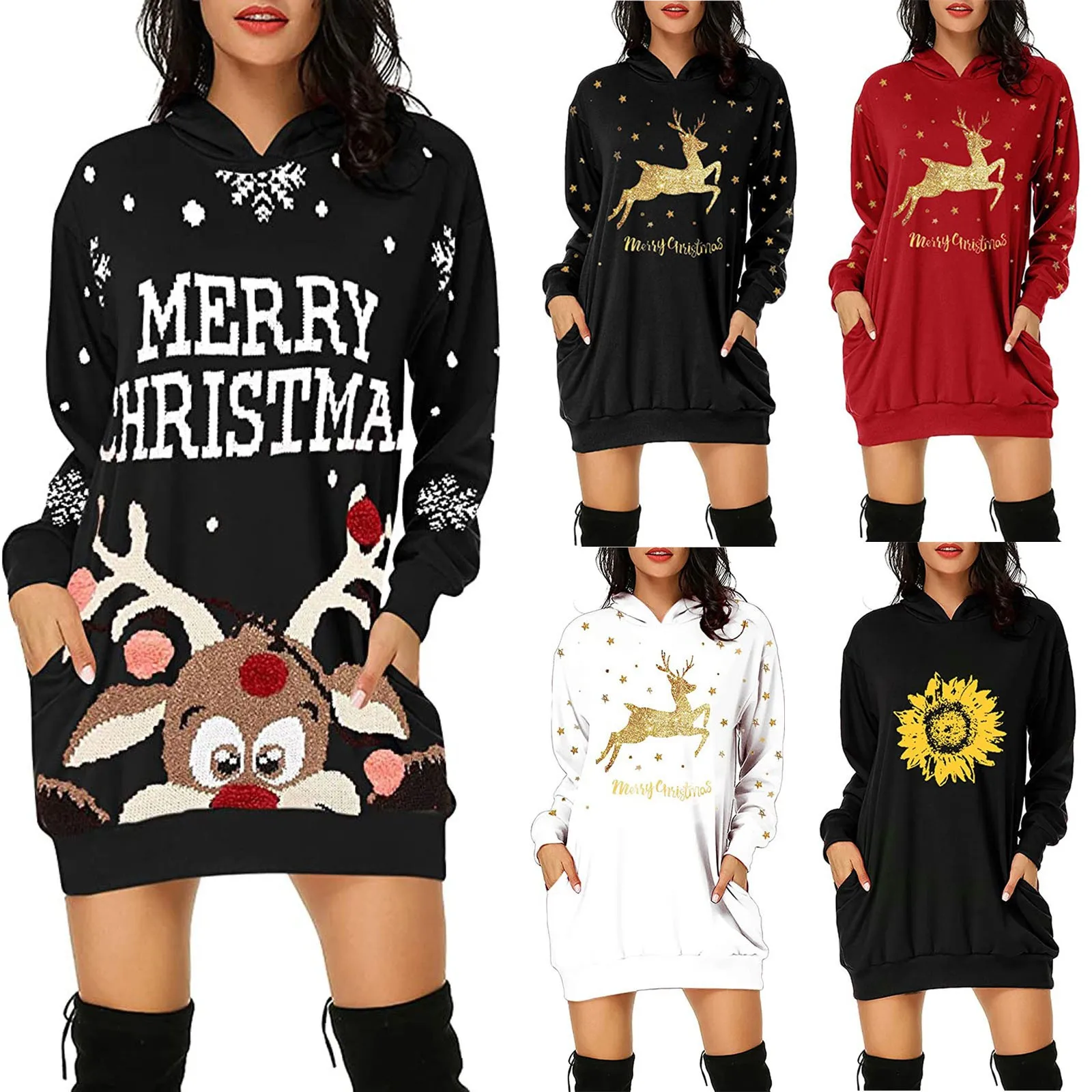2021 European and American fashion hot style Christmas print mid-length pocket hooded long-sleeved sweatshirt dress women