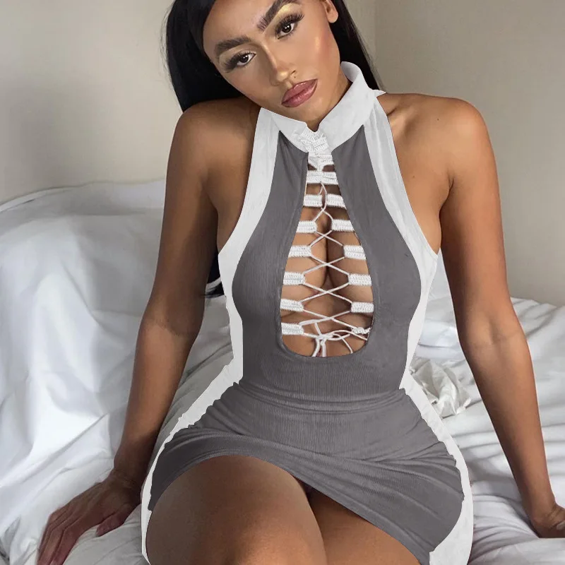 
Wholesale New lace-up hollow Sexy Dress Contrast Color Stand Collar Sleeveless Dress 2021 Women Mini Evening Bodycon Dress 