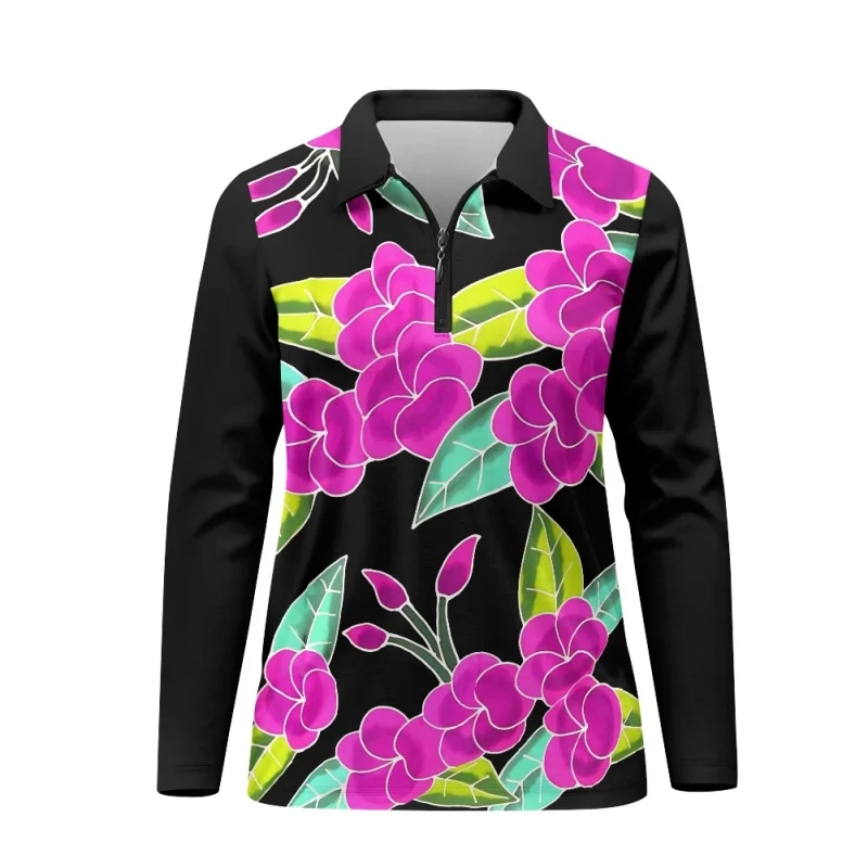 Long Women Golf Shirt Hawaiian Hibiscus Custom Print Casual Sport Tops Breath Gym Outdoor Autumn Female Clothes Polo Shirts