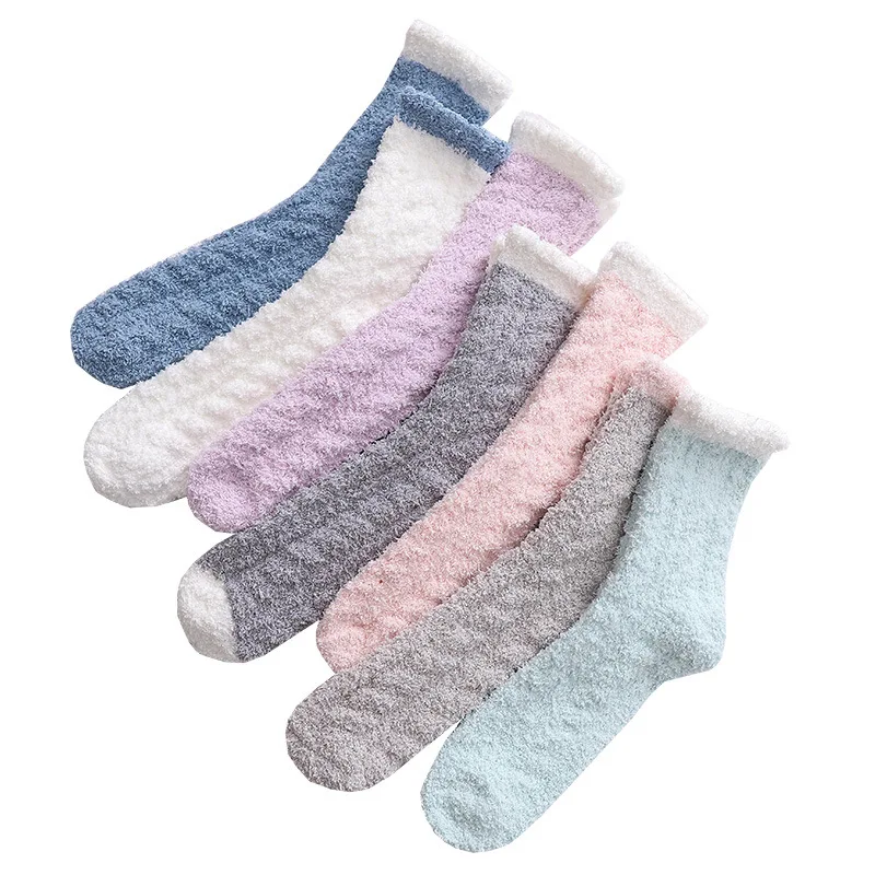 Wholesale Cozy Coral Fleece Fluffy Sleeping Socks Women Winter Folded Cuff Thick Warm Plush Fuzzy Socks