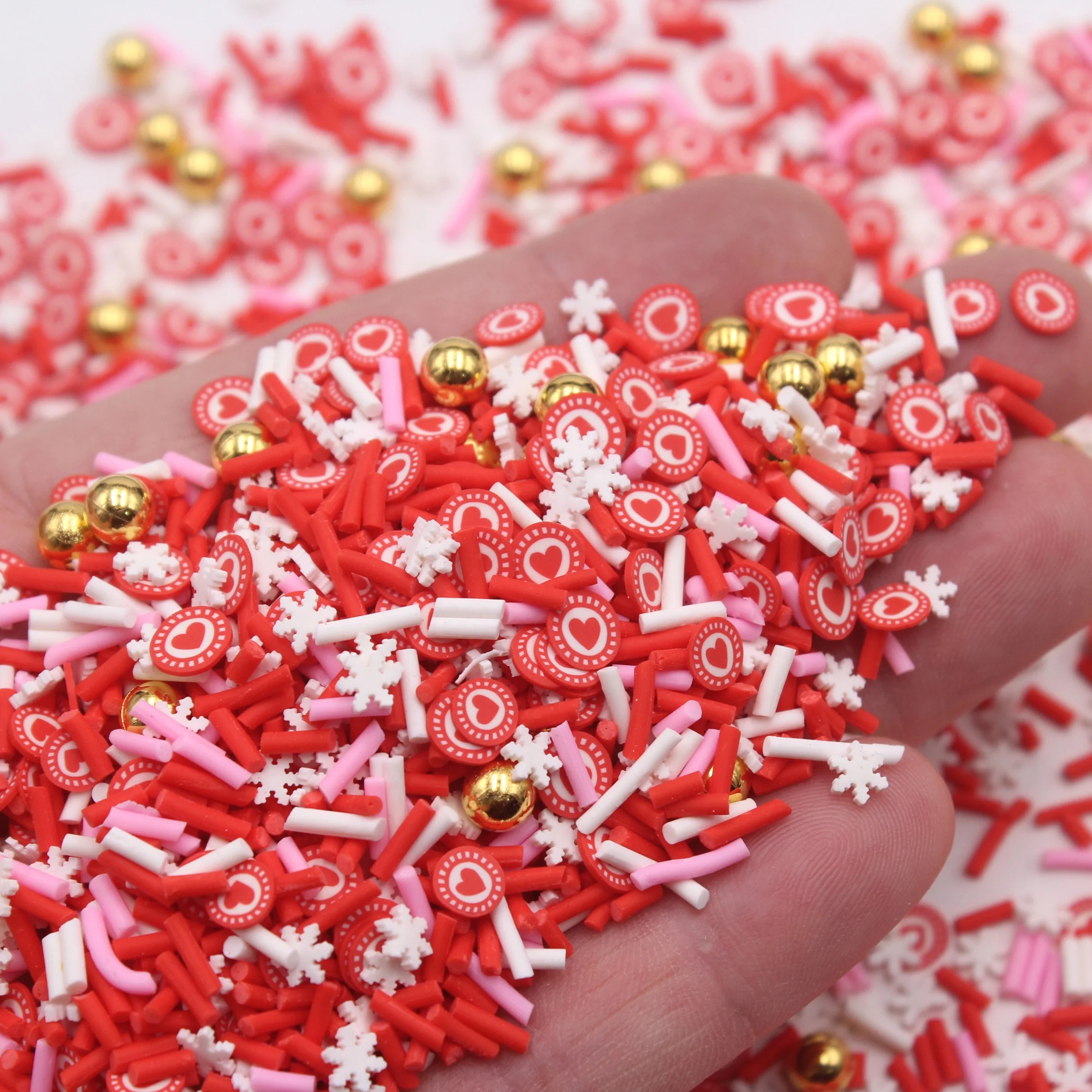 1KG Valentines Series Heart Clay Slice Faux Snowflake with Gold Beads Sprinkles Slime Supplies Shaker Filler