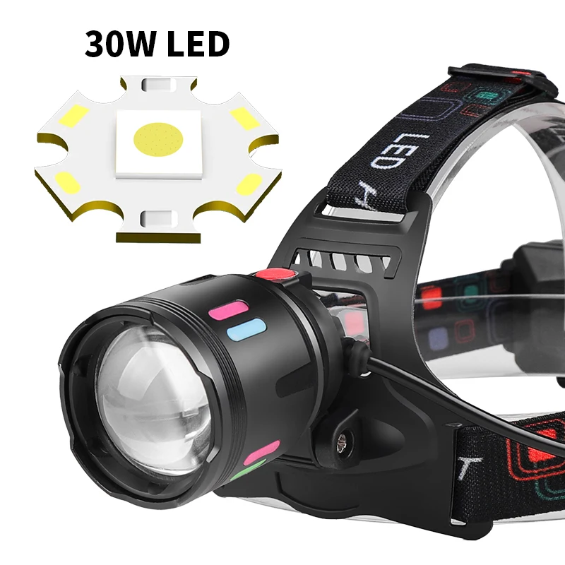 Fluorescent Lights 30W Long Range 2*18650 TYPE-C USB Rechargeable Zoomable 1200lumen  Headlamp 18650 Battery for Cycling Hiking