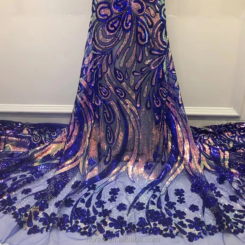 SF002 Wholesale Price OEM Rhinestone Sequin Beaded Fabric Gradient Color African Lace Bridal Fabrics