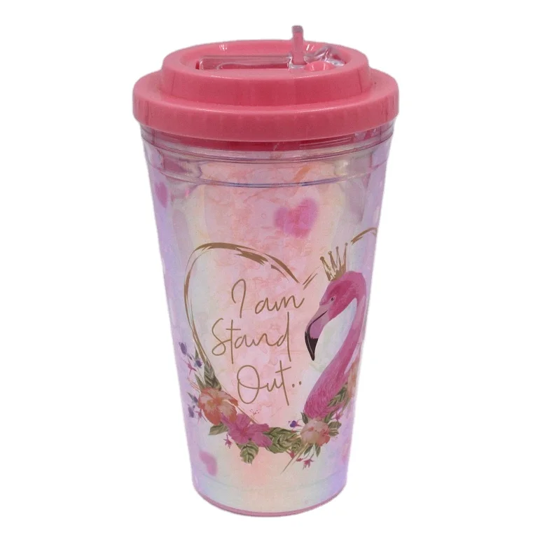 Flamingo flat lid ice drinking cup, plastic colorful ice gel cooling water bottle