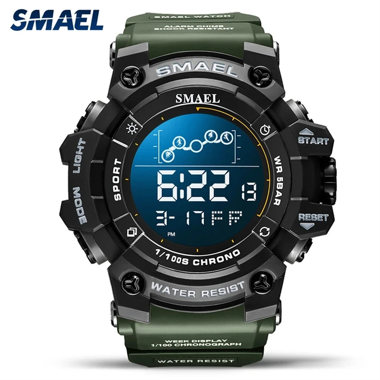 Smael olive green sport watch for man waterproof chronograph digital electronic water wrist watch with led display 8082