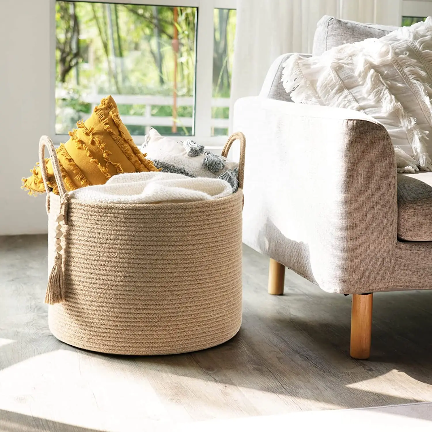 QJMAX Woven Cotton Rope Storage Basket For Nursery Living Room Bedroom