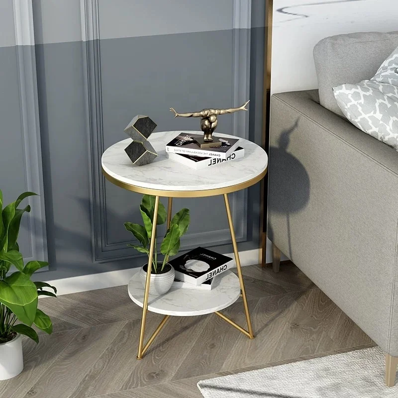 Modern Fashion Design  Living Room High Glossy Marble Top 2pcs Tea Table With Drawer Round Small Cafe Table Coffee Table
