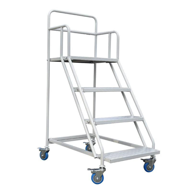 Factory Warehouse 4 Step Safety Rail Steel Ladder Cart with Wheels