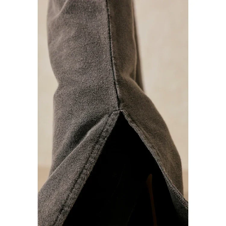 Custom Print Sweatsuits Acid Wash Flare Stacked  Set Two Piece Cut And Sew Cropped Hoodies Set Women Sweat Suits