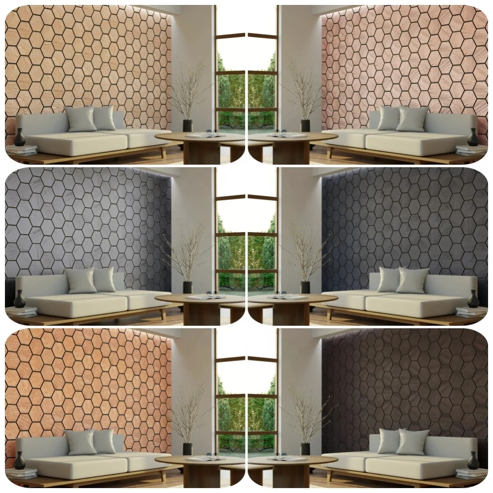 Easy To Install Honeycomb Wood Wall Panels Akupanel Hexagon Wood Slat Acoustic Panel on Black Polyester Fiber Acoustic Panel