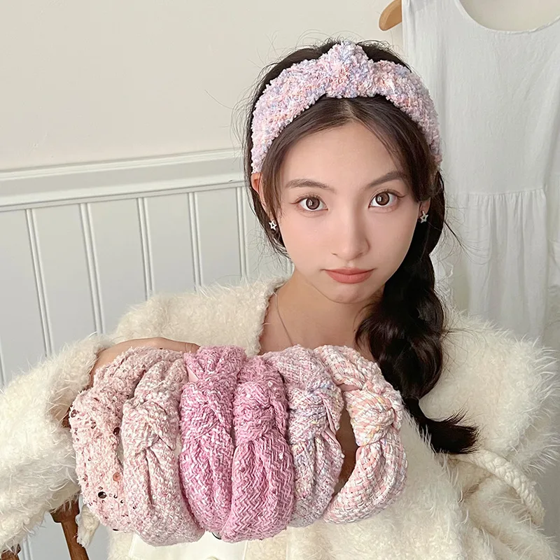 LRTOU Wholesale Korean Headband Wool Plush Hairband Women Pink Hair Accessories Knotted Wide Sponge Pink Headband For Girl